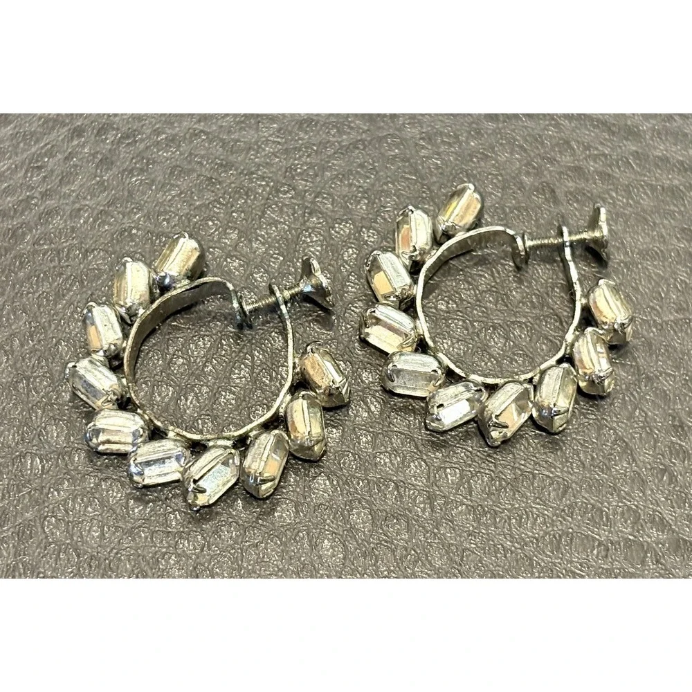 Vintage Silver Tone Screw Back Hoop Earrings Crystal Baguette Rhinestones